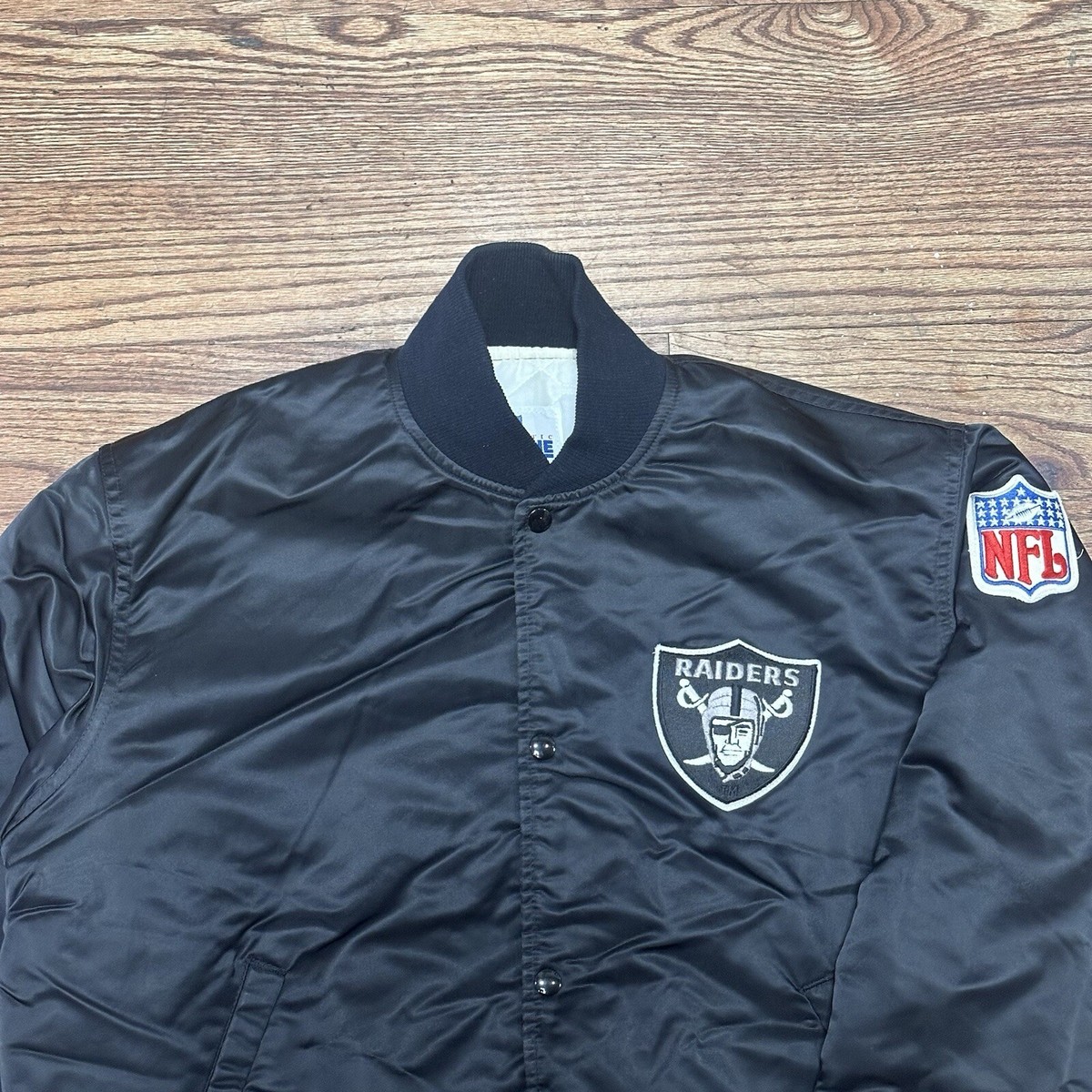 Vintage 1980s Raiders Jacket Large Black Starter Satin NFL Pro