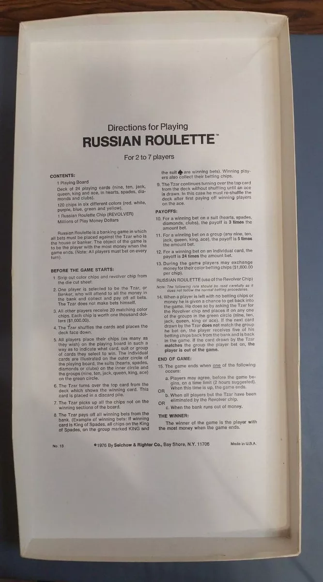 Vintage 1975 Russian Roulette Board Game, Complete & Great