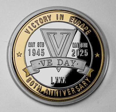 VE DAY 80th Anniversary Silver & 24ct Gold Commemorative Coin. WW2. Victory