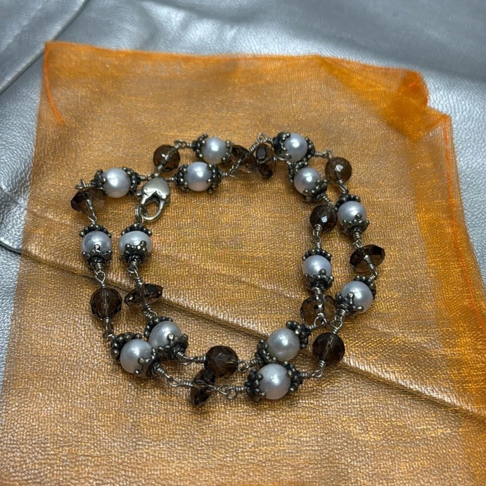 (Z4) Итальянское серебряное ожерелье с пресноводным жемчугом и винтажными камнями - Изображение 2 из 4