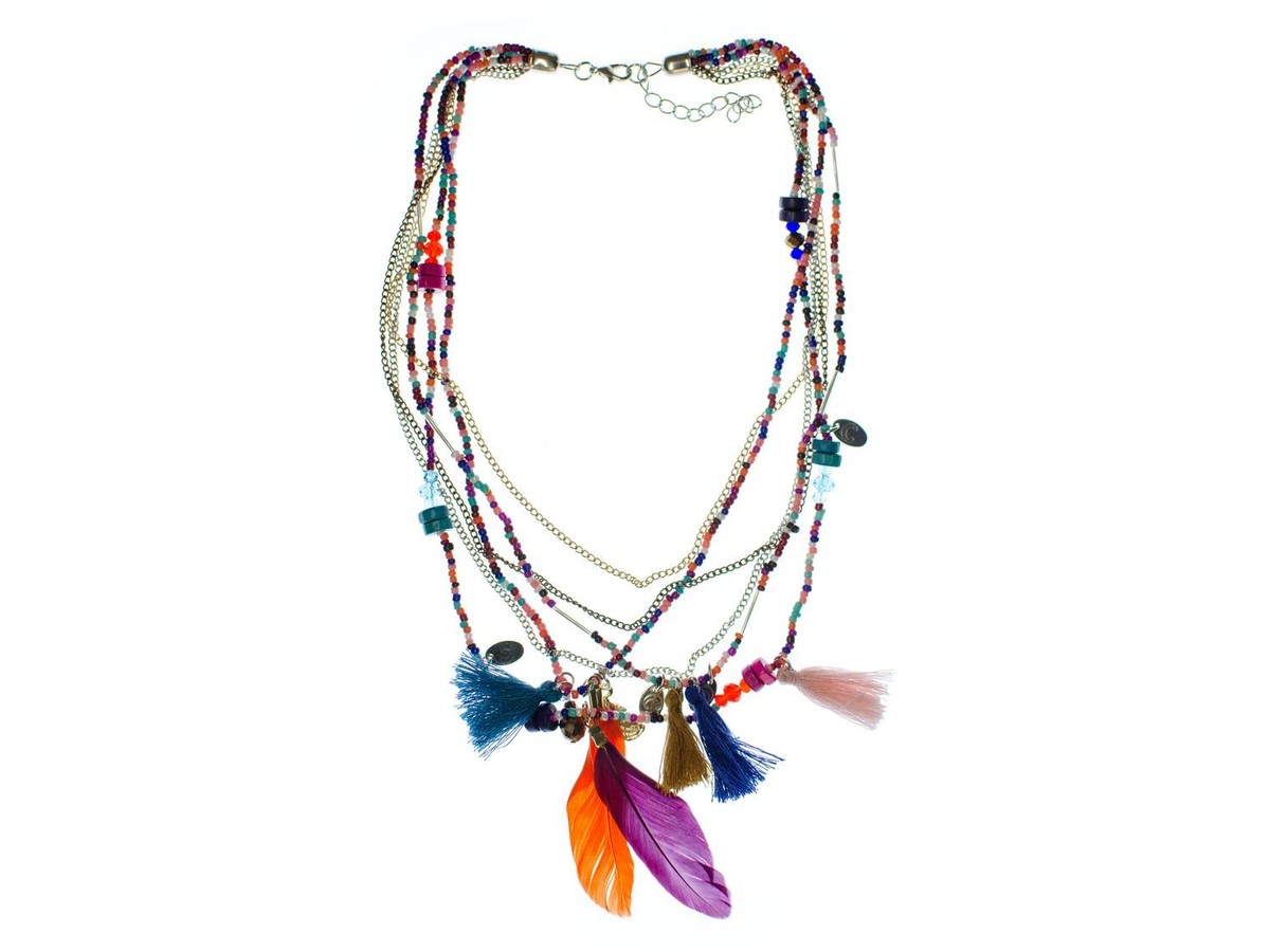 Tassel Feather Necklace Miniblings Beads Boho Middle Eastern Hippie  Colourful
