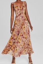 GUESS Womens Beige Floral-Print Pleated Ruffled Maxi Dress Size 2