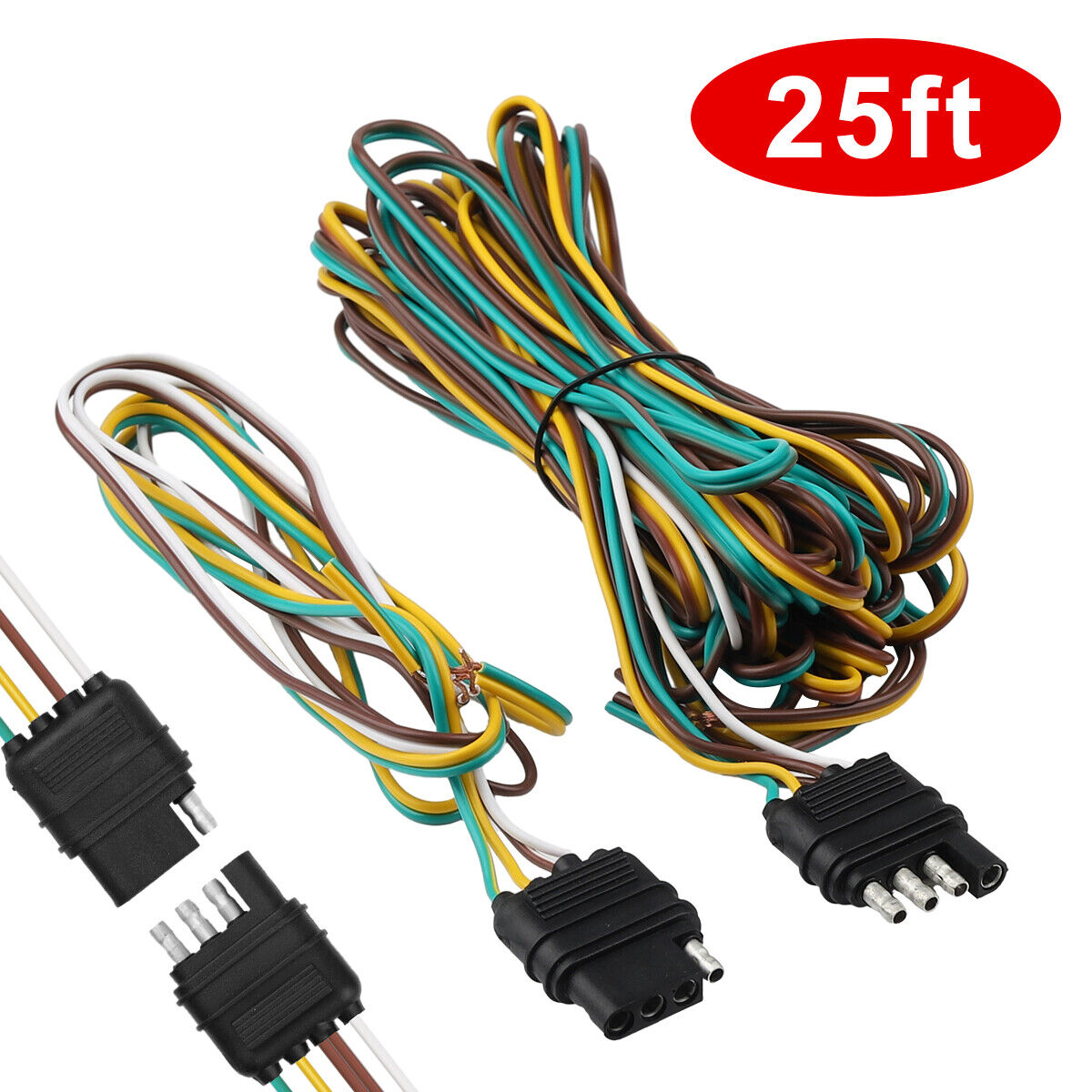 25' 4 Pin Flat Trailer Wiring Harness Kit Wishbone Style for Trailer Tail Lights