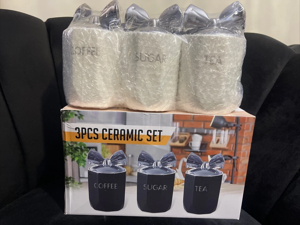 Tea Coffee Sugar Jar White Chrome Bow Storage 3pcs Set Ceramic AirTight Canister - Image 3 of 4