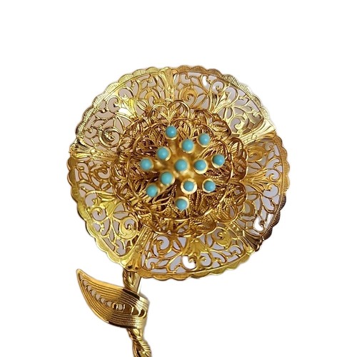 Vtg Ornate Gold Tone Filigree Flower Brooch Turquoise Cabochons Statement Pin - Picture 3 of 9