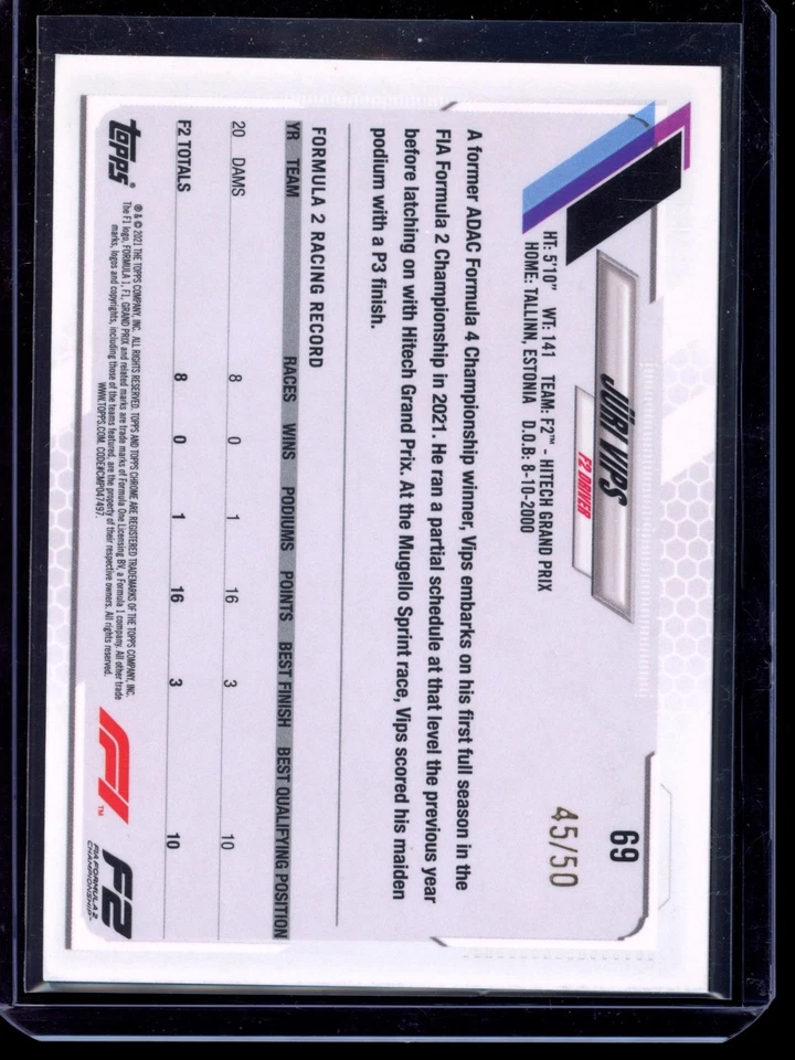 2021 Topps Chrome Formula 1 #69 Juri Vips RC Future Stars Gold Refractor /50 - Image 2 of 2