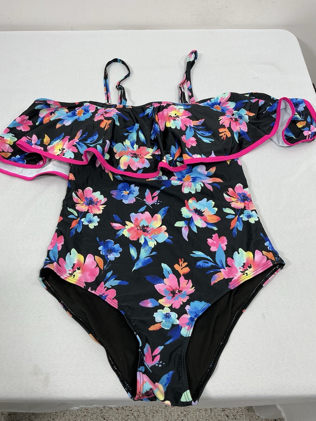 Womans NWT Tempt Me 1 Piece Floral Bathing Suit Black Spaghe