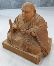 Japanese Vintage Wooden Hand-Carved Seated Monk Buddha Statue H4.3×W4.7×D3.1inch