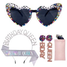 Birthday Queen Sunglasses with Crown, Sash  Earrings, Glasses Headband for W...