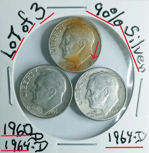 Roosevelt Dimes Lot of 3 90% Silver1960-D1964-D1964-D VG Condition 1960- isToned