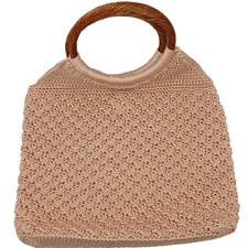 Vintage The Sak Warm Beige Crochet Purse Bag w/ Round Wood Look Plastic Handles
