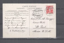 SWITZERLAND, 1908 ppc. River,10c Zurich to St. Paul, Minnesota, USA