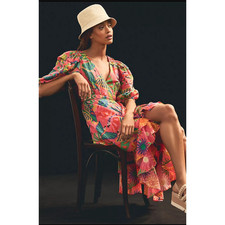 NWT Anthropologie Farm Rio Macaw Ruffled Wrap Dress $250 SMALL MEDIUM Coral