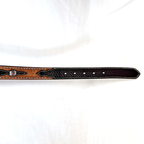 Cavenders Brown Leather Western Belt Basketweave Overlay w/ Rodeo Buckle Size 28 - Picture 4 of 7