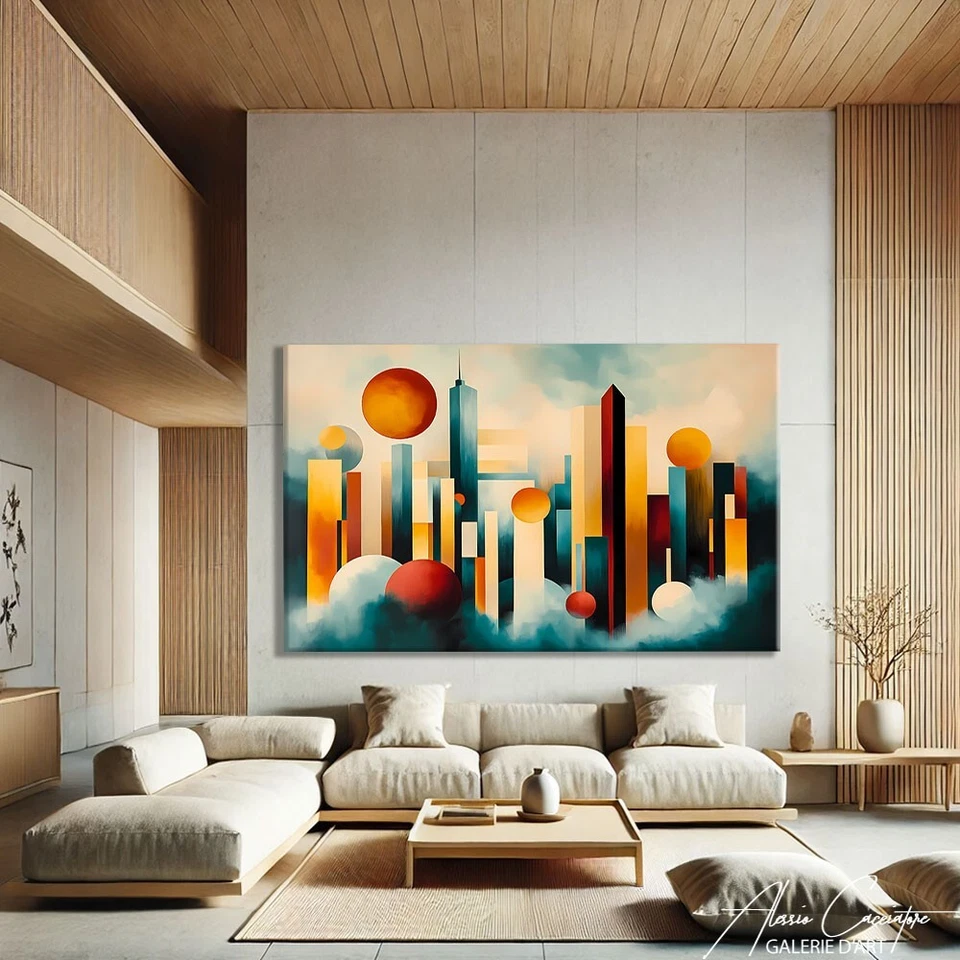 Decoración de oficina abstracta moderna de mediados de siglo del horizonte de la ciudad para hombre de mediados de siglo Foto 3 de 4