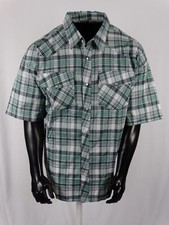Men Plaid Western Pockets Short Sleeve Shirt Green Gray Snap Up 3X, 4X
