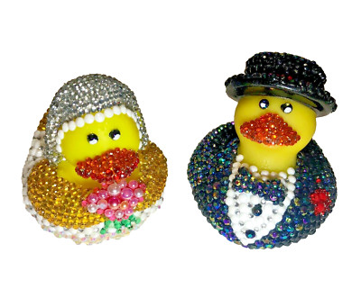 BRIDE & GROOM WEDDING DIAMOND BLING RHINESTONE CRUISING DUCK RUBBER DUCKIES 2''