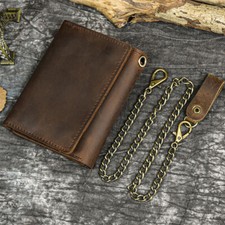 Men Tri-fold Vintage Leather Biker Chain wallet With Snap Closur Zipper Purse 
