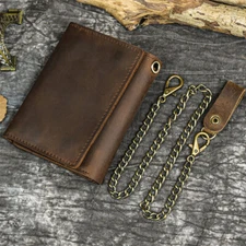 Men Tri-fold Vintage Leather Biker Chain wallet With Snap Closur Zipper Purse#
