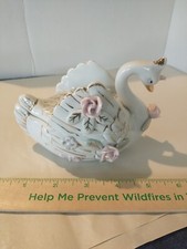 Vintage Swan Trinket Dish With Lid Rose And Gold Trim Porcelain Japan