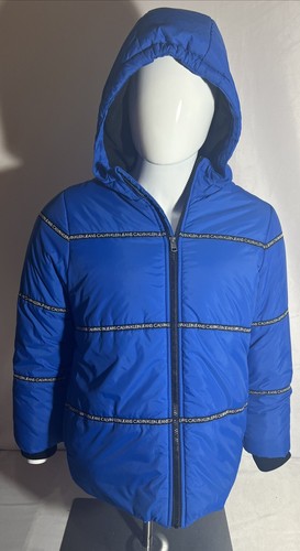 Calvin Klein Puffer Jacket Blue Hooded Logo Size Large 14/16 - Picture 2 of 10