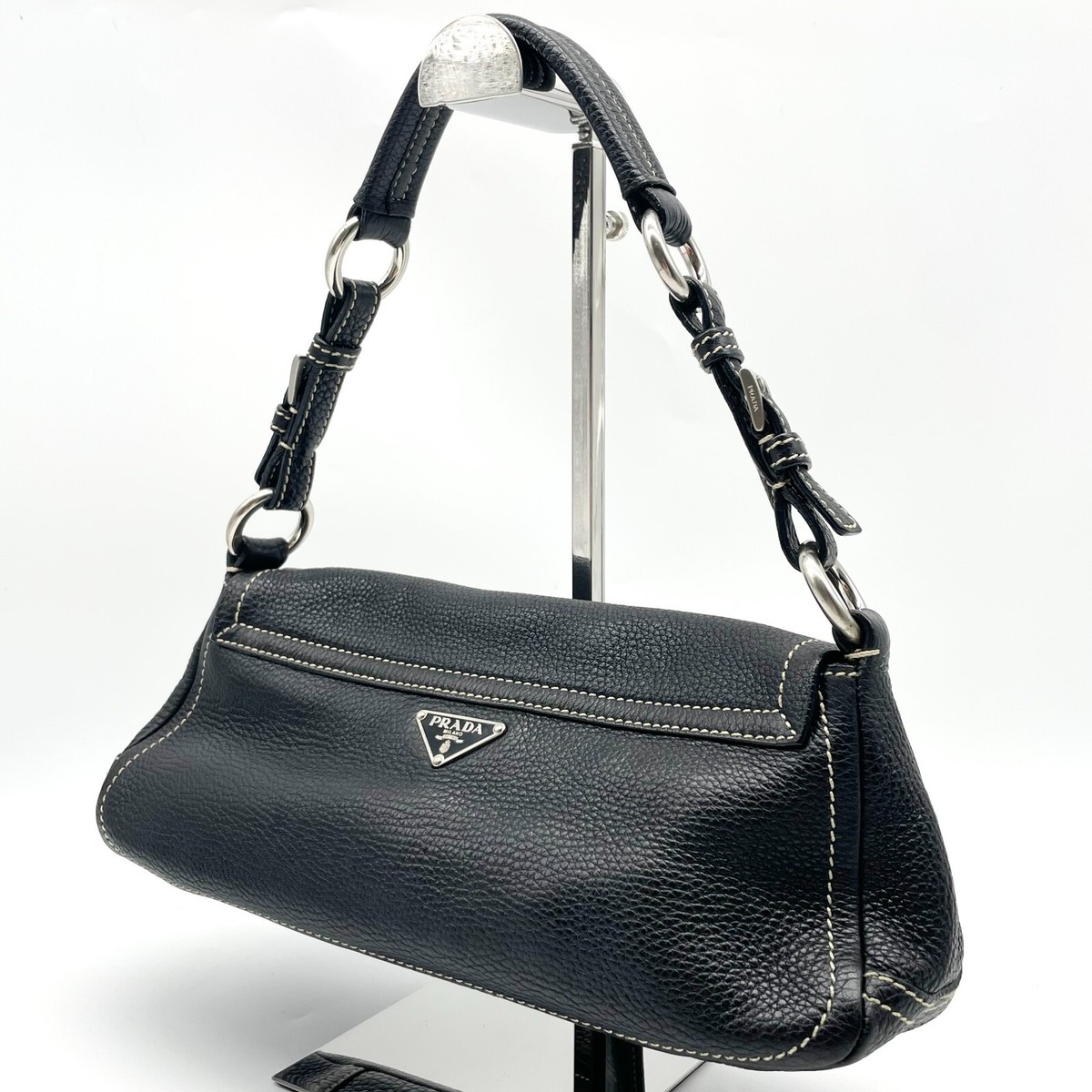 PRADA Handbag Hobo shoulder bag Triangle logo Black Leather