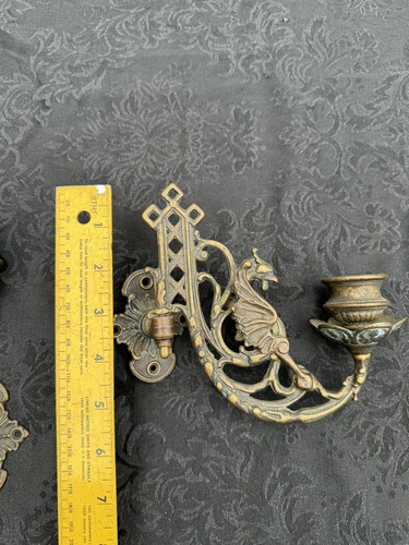 Pair Antique Griffin Victorian Brass Piano Swing Arm Candle Wall Holder Sconce - Picture 12 of 12