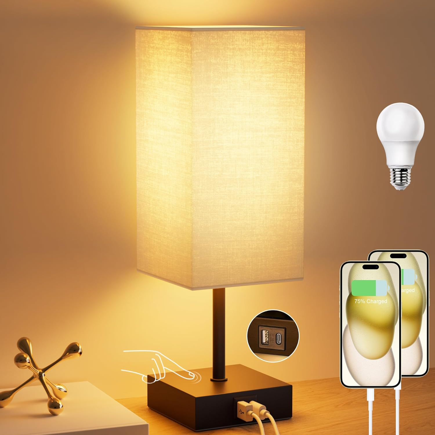 3-Way Dimmable Touch Control Bedside Table Lamp with USB-C+A Charging Ports