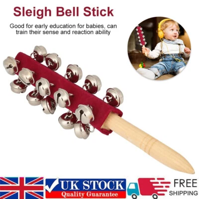 Baby Kids Sleigh Bells Stick Wooden Hand with 21 Metal Jingles Ball Percussion