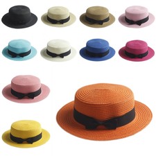 Women Lady's Straw Bowler Boater Sun Hat Round Flat Caps Wide Brim Summer Beach