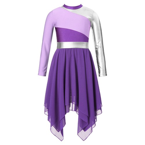 Kids Girls Dancing Costumes Breathable Chiffon Hem Dress Lyrical Dance Dress - Picture 33 of 52