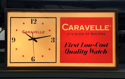 Vtg MCM Caravelle (Div. of Bulova) Watches Light-Up Advertising Sign/Clock 19"