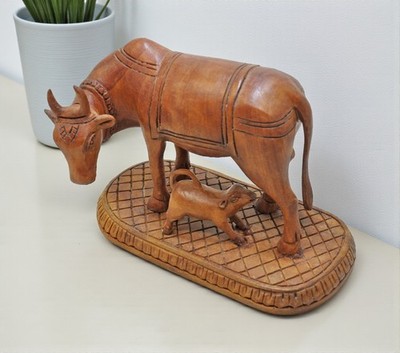 Vintage Wooden Very Fine Cow Nandi With Calf Figurnie Original Old Hand Carved