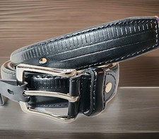 NWT Men's 2XL 46-48 Black Genuine Leather Dress Belt Ridged Silver Buckle New