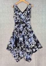 Vera Wang Simply Vera Dress Large Blue Floral Pleated V Neck Swing Asymmetric