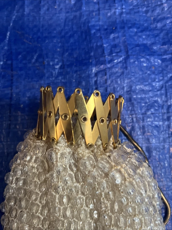 Vtg Beggar Bag Gate Neck Purse Satchel Clear Bead Crochet Victorian Art Nouveau  - Image 2 of 3