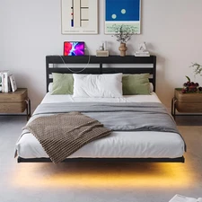 Floating Bed Frame Full Size with USB Charging Station, LED Bed Frame with Stora