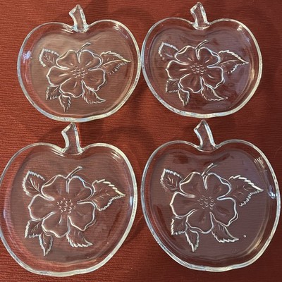 Set Of 4 Clear Glass Apple Blossom Orchard Snack Desert Plate Dish