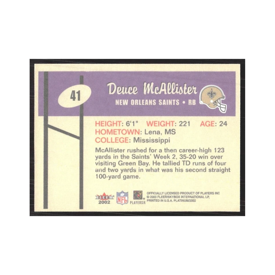 2002 Fleer Platinum Deuce McAllister Saints #41 - Image 2 of 3