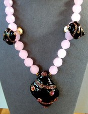 Pink  Black Beaded Necklace With Large Pendant  Rhinestones