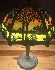 Antique Art Nouveau Panel Slag Glass Table Lamp