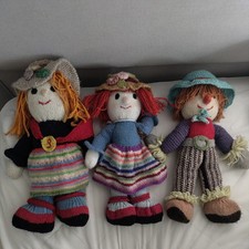3x Vintage Hand-Knitted Rag Dolls – 1970s-1980s