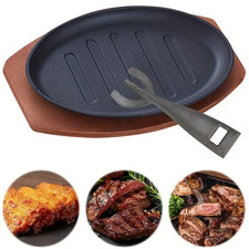 Large 30.48cm Cast Iron Sizzle Platter with Wooden Base