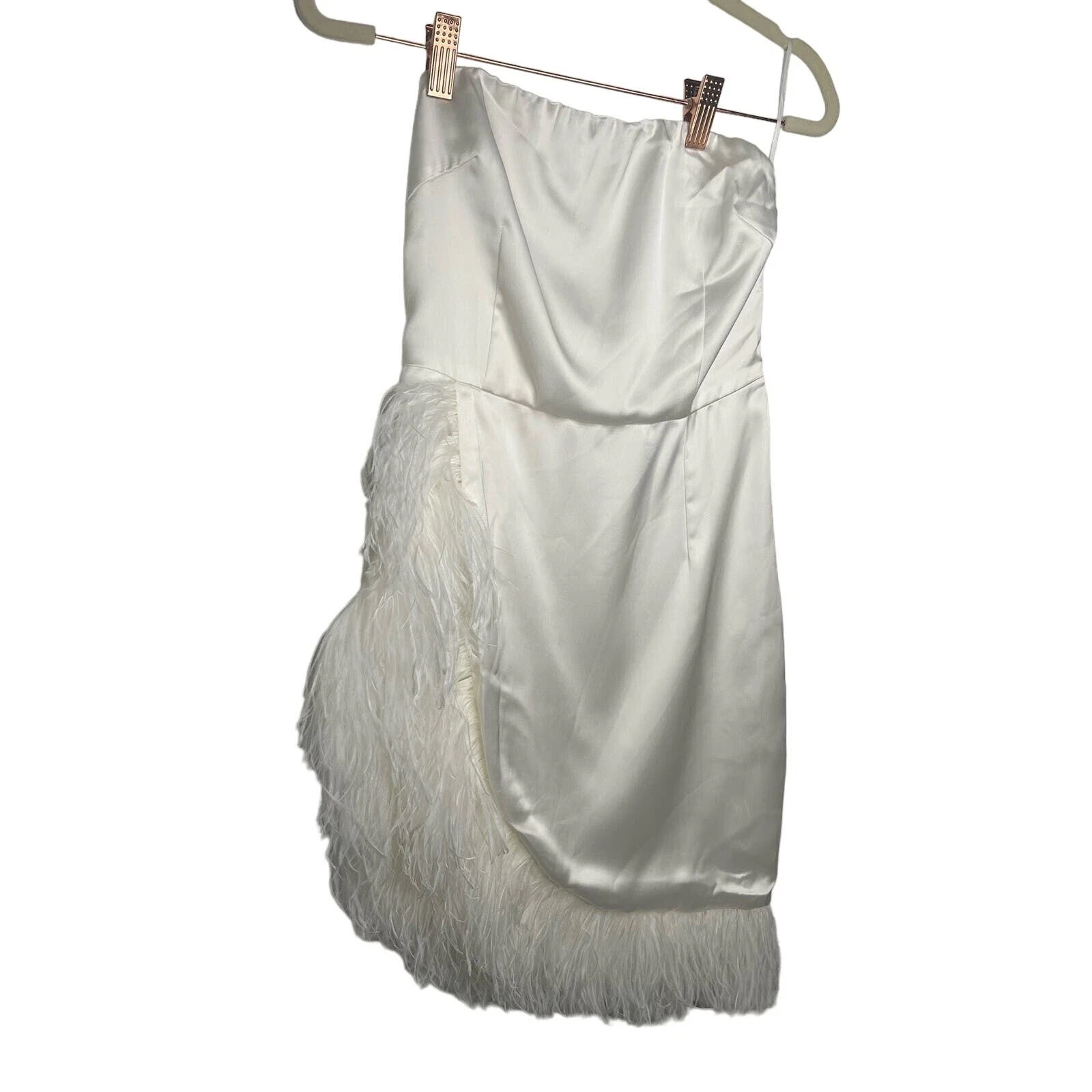 NBD Celine Piuma Asimmetrico Mini Abito Raso Senza Spalline Addio al Nubilato Sposa Tg S