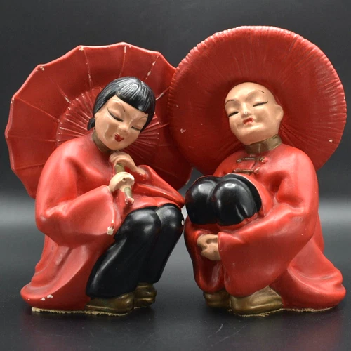 Chalkware Midcentury Asian Couple Red Statuettes Vintage 1950