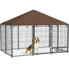 Dog Kennel Puppy Play Pen with Canopy Outdoor Garden Crate Enclosure Cage Brown