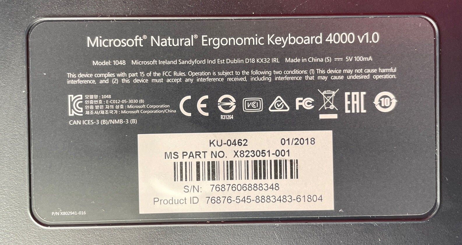 Microsoft KU-0462 Natural Ergonomic USB Keyboard 4000 v1.0 Model 1048 Tested