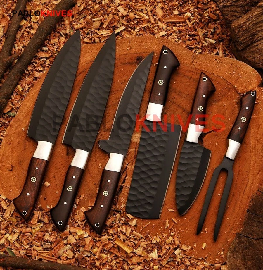 Set of 6 Carbon Steel Powder Coated Blade Kitchen Knives , Chef , Outdoor