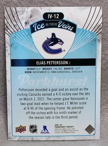 Inserto Elias Pettersson, 2021-22 Parkhurst Hockey "Ghiaccio nelle loro vene" #IV-12 - Foto 2 di 2