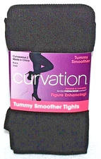 Curvation Women's Black Ribbed Texture Tummy Smoother Tights  3548